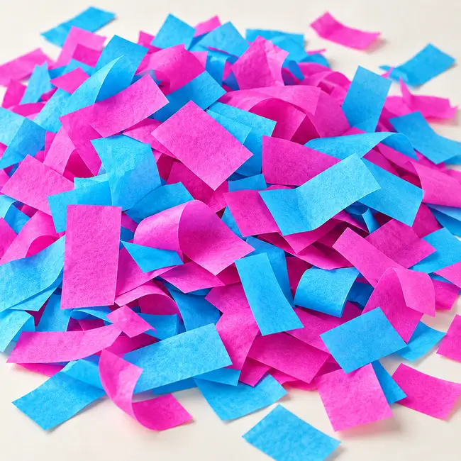 Nahaufnahme von kräftig rosa und blauem Papierkonfetti