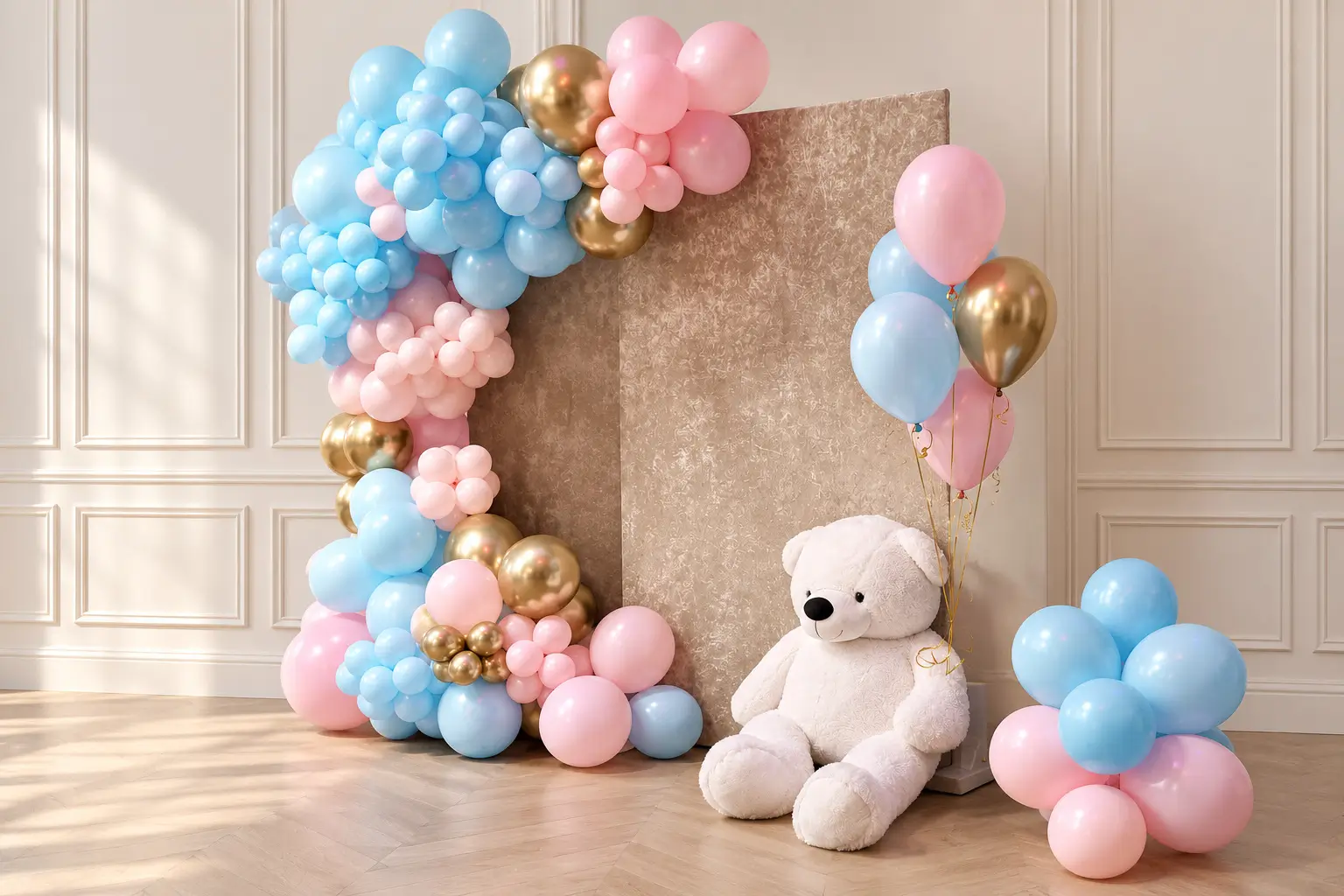 Festlicher Fotoplatz mit rosa, blauen und goldenen Ballons
