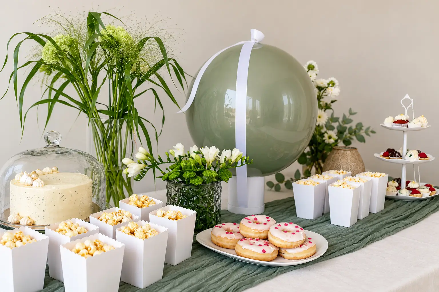 Heller Sweet Table mit Blumen, Kuchen und süßen Details