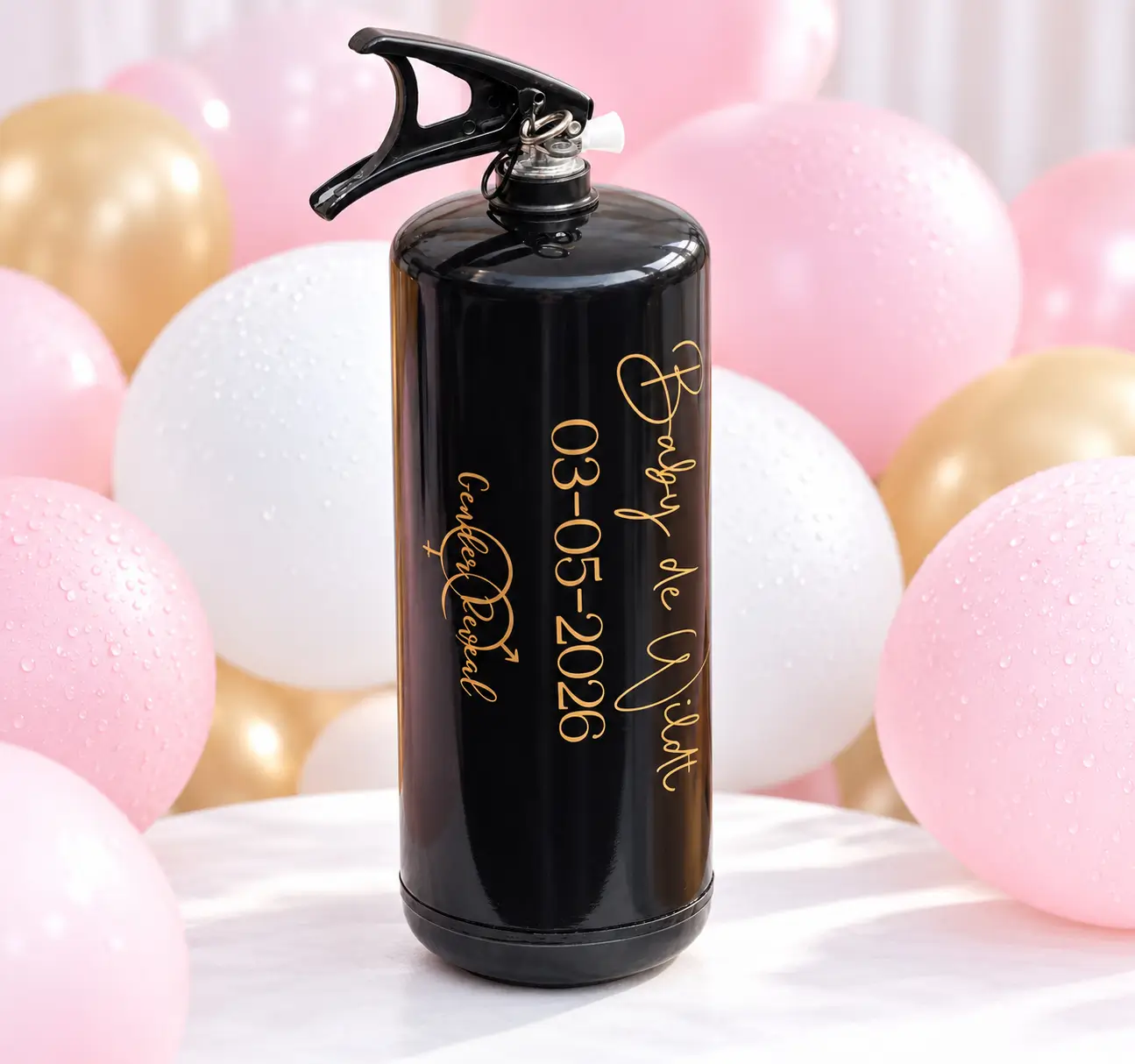 Vollständig gerahmter personalisierter Feuerlöscher mit rosa und weißen Ballons