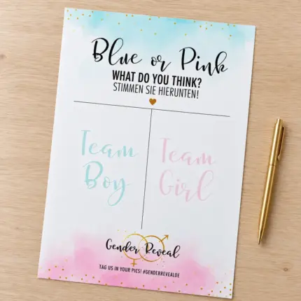 Gender Reveal Abstimmungsposter auf einem Tisch; Stift als Dekoration, nicht im Lieferumfang