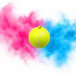 Gender Reveal Tennisball mit fein zerstäubtem rosa und blauem Farbpulver